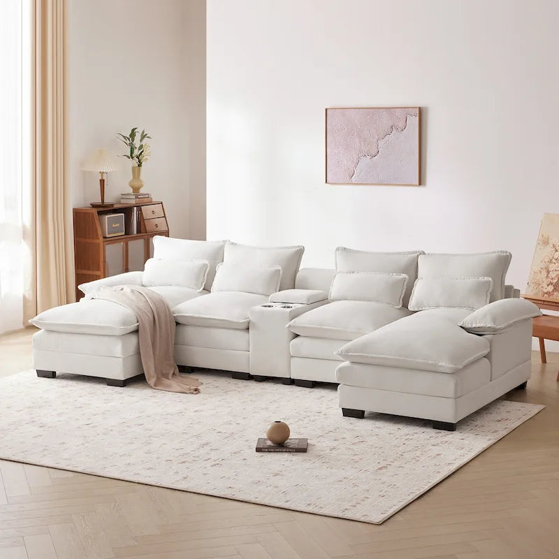 123*55 Canapé d'angle moderne en U avec console, porte-gobelets et ports USB, rembourré, canapé-lit avec méridienne