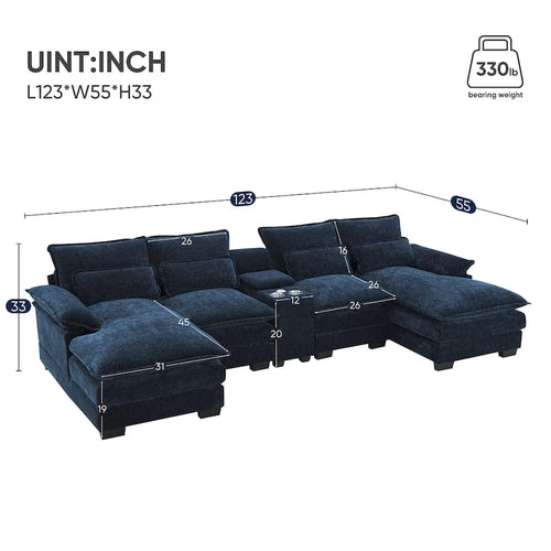 123*55 Canapé d'angle moderne en U avec console, porte-gobelets et ports USB, rembourré, canapé-lit avec méridienne