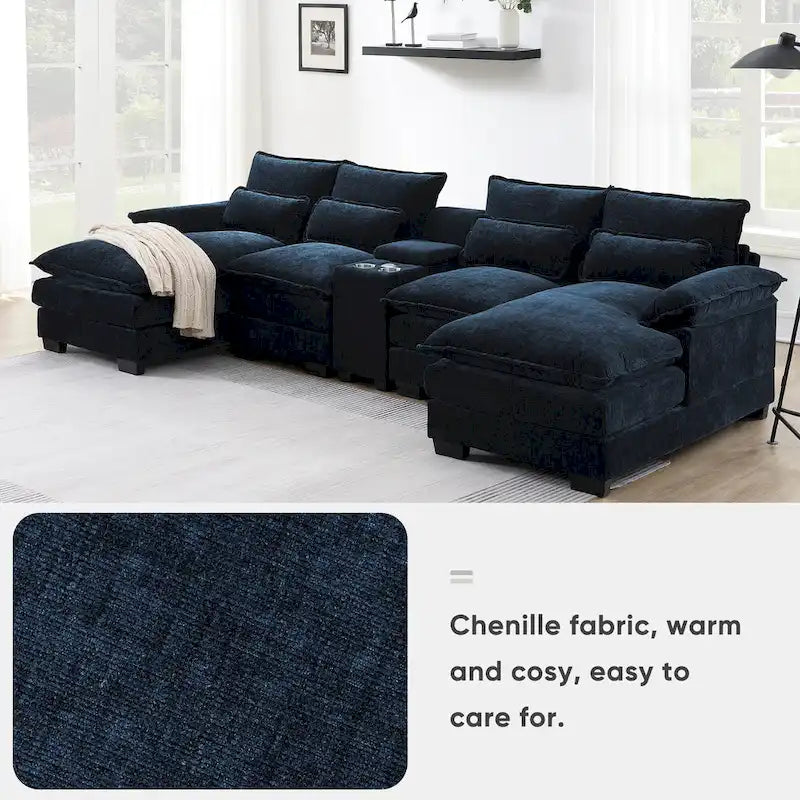 123*55 Canapé d'angle moderne en U avec console, porte-gobelets et ports USB, rembourré, canapé-lit avec méridienne