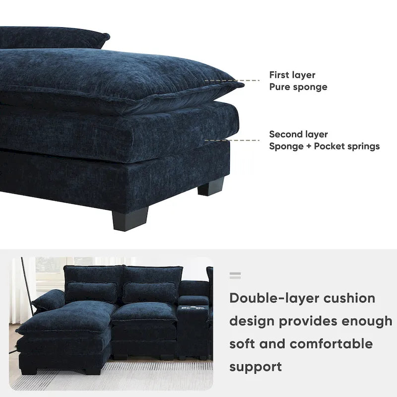 123*55 Canapé d'angle moderne en U avec console, porte-gobelets et ports USB, rembourré, canapé-lit avec méridienne