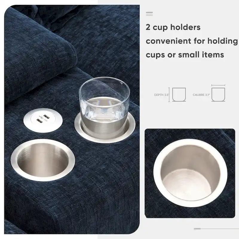 123*55 Canapé d'angle moderne en U avec console, porte-gobelets et ports USB, rembourré, canapé-lit avec méridienne