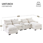 123*55 Canapé d'angle moderne en U avec console, porte-gobelets et ports USB, rembourré, canapé-lit avec méridienne
