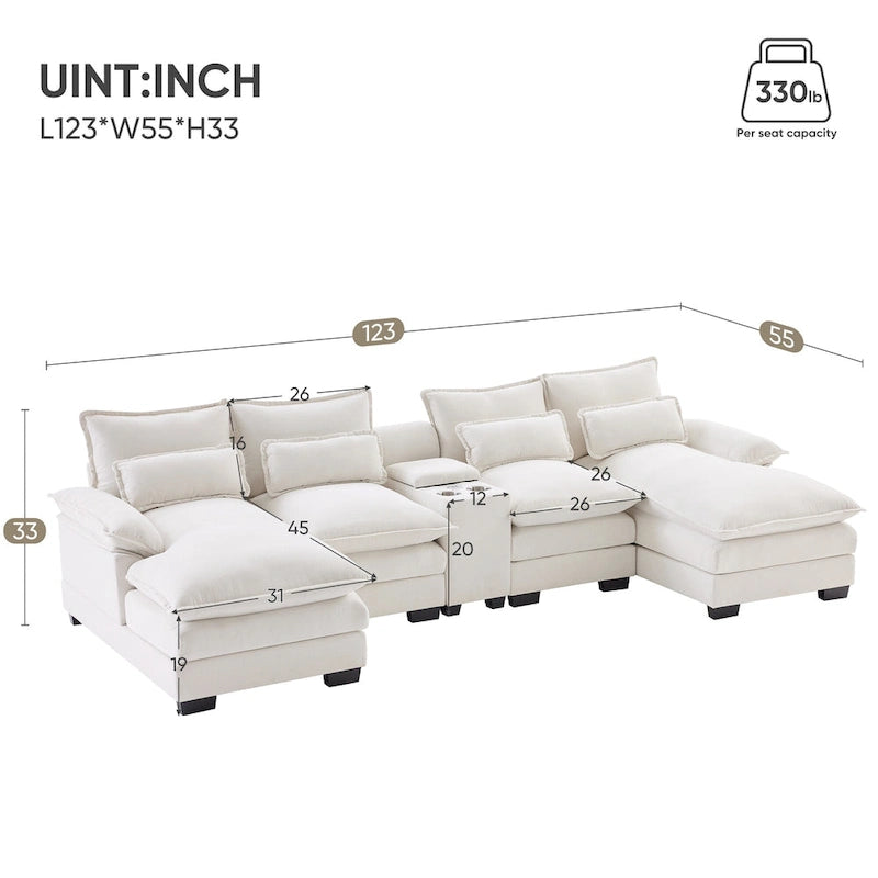 123*55 Canapé d'angle moderne en U avec console, porte-gobelets et ports USB, rembourré, canapé-lit avec méridienne