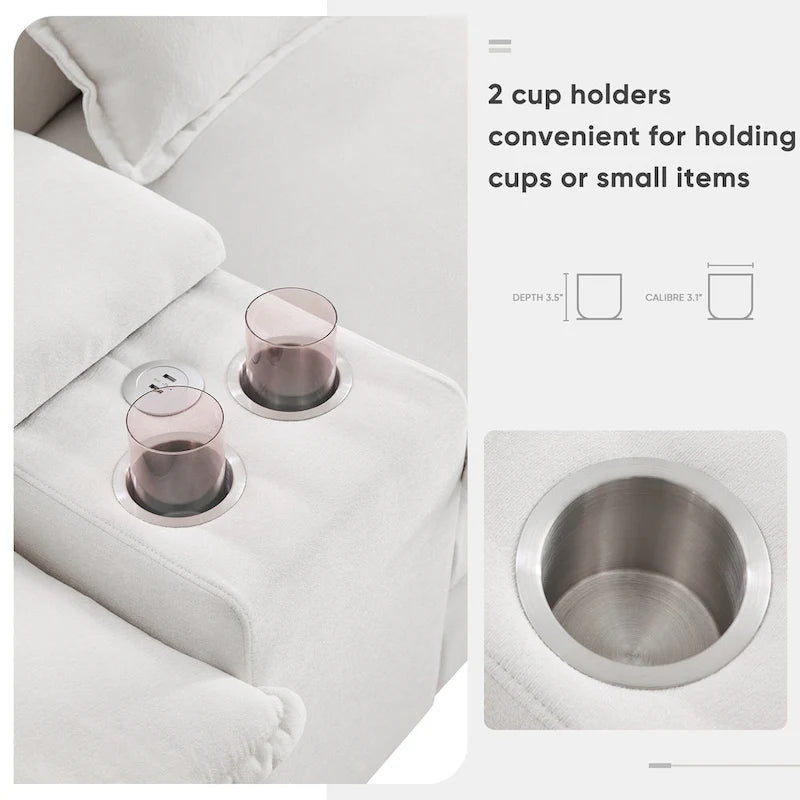 123*55 Canapé d'angle moderne en U avec console, porte-gobelets et ports USB, rembourré, canapé-lit avec méridienne