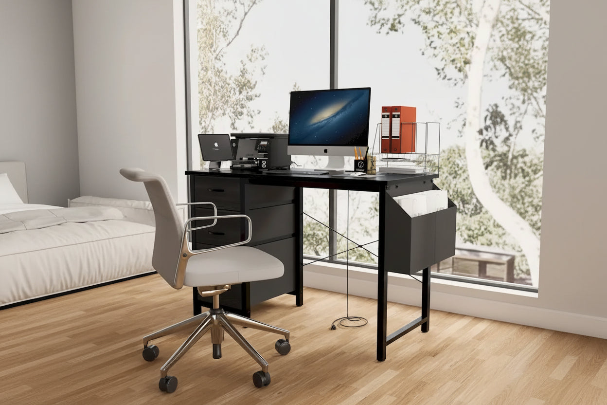 Bureau d'ordinateur moderne avec station de charge et tiroirs de rangement réversibles pour bureau à domicile ou salle d'étude