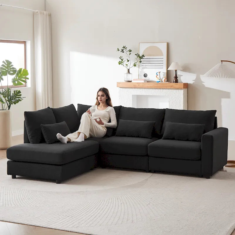 100.2 Canapé d'angle en lin avec pouf et oreillers lombaires