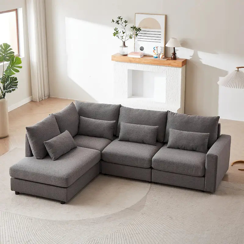 100.2 Canapé d'angle en lin avec pouf et oreillers lombaires