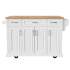 Grand îlot de cuisine avec rabat en bois, desserte de cuisine roulante texturée en relief avec portes et tiroirs avec rangement pour la cuisine, blanc