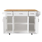 Grand îlot de cuisine avec rabat en bois, desserte de cuisine roulante texturée en relief avec portes et tiroirs avec rangement pour la cuisine, blanc
