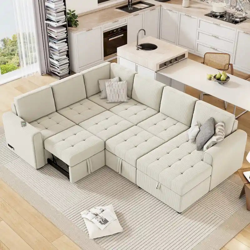 Canapé d'angle en U avec lit gigogne, méridienne de rangement et dispositifs de chargement intégrés pour salon