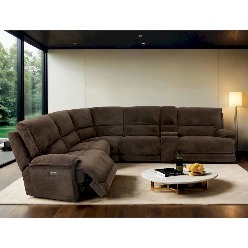 Canapé sectionnel inclinable moderne marron foncé Renic avec console et ports USB