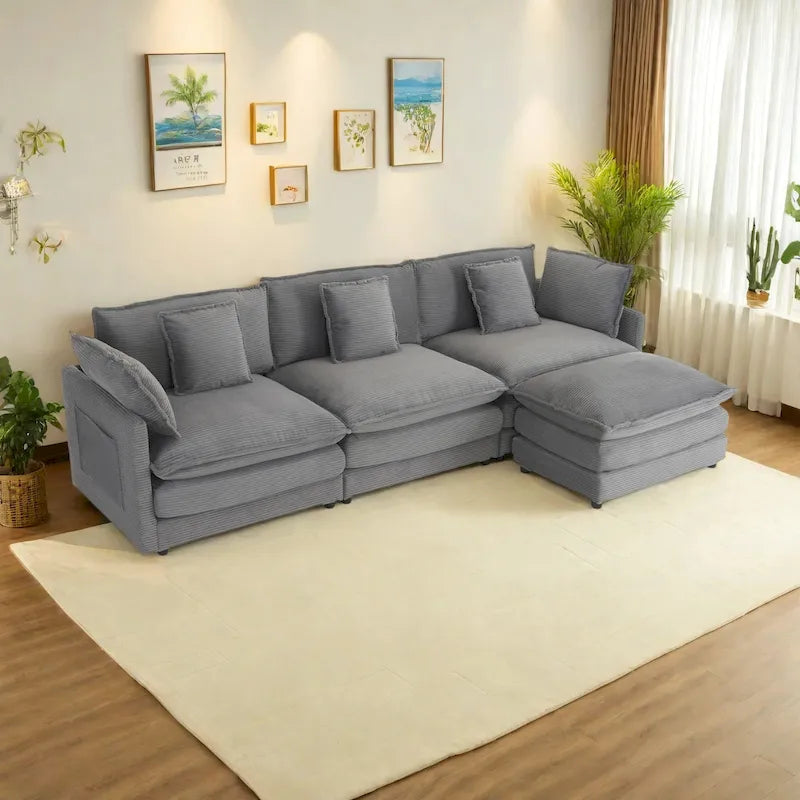 Canapé d'angle modulaire en velours côtelé de 286 cm avec poches de rangement latérales
