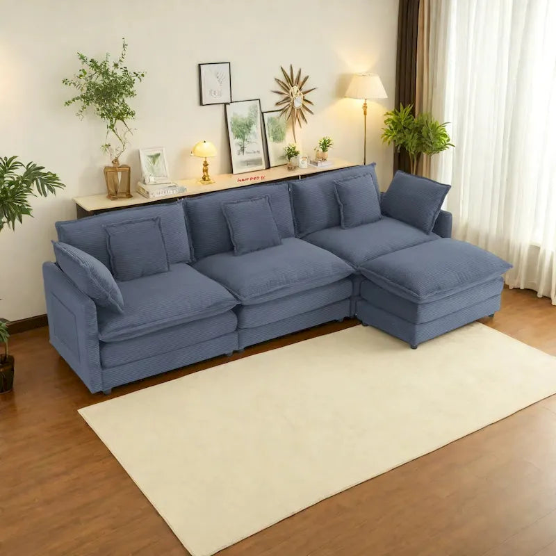 Canapé d'angle modulaire en velours côtelé de 286 cm avec poches de rangement latérales