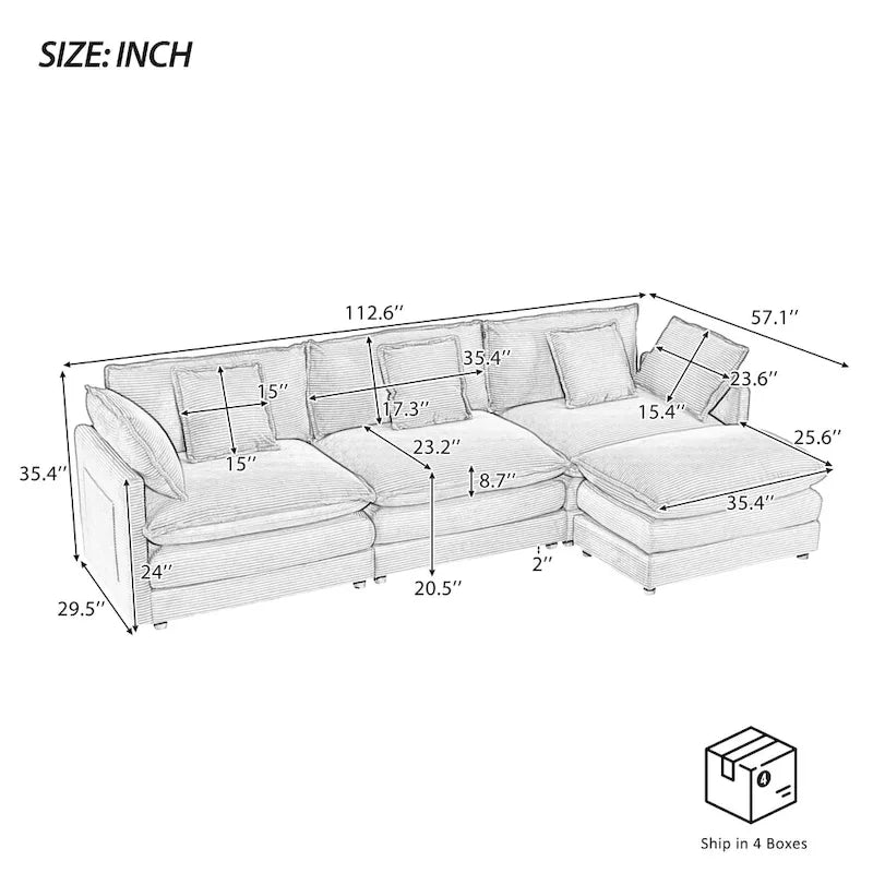 Canapé d'angle modulaire en velours côtelé de 286 cm avec poches de rangement latérales