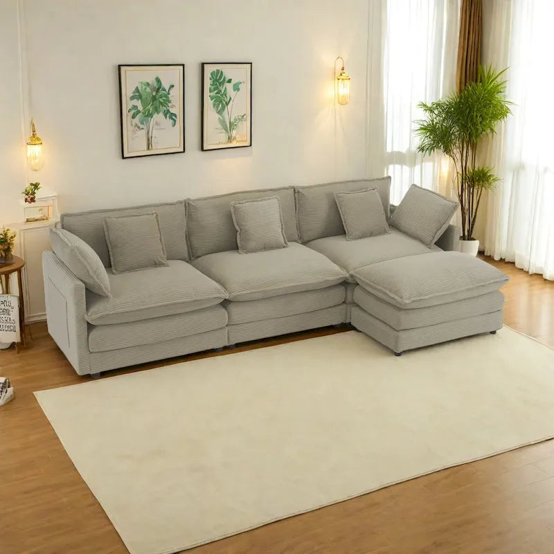 Canapé d'angle modulaire en velours côtelé de 286 cm avec poches de rangement latérales