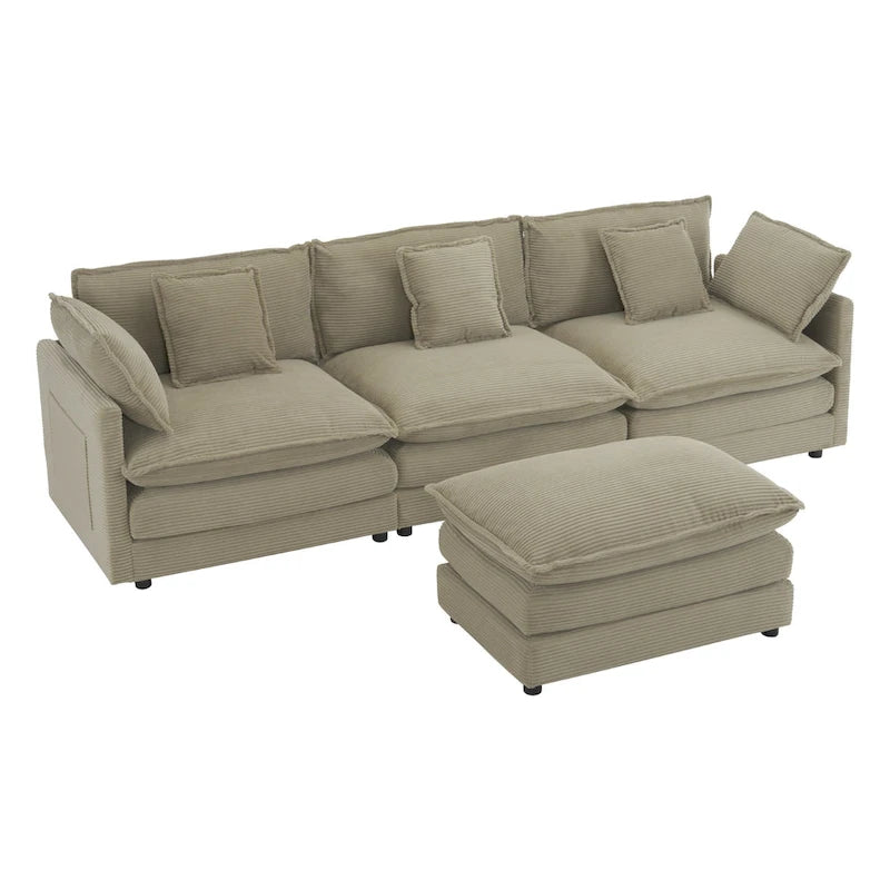 Canapé d'angle modulaire en velours côtelé de 286 cm avec poches de rangement latérales