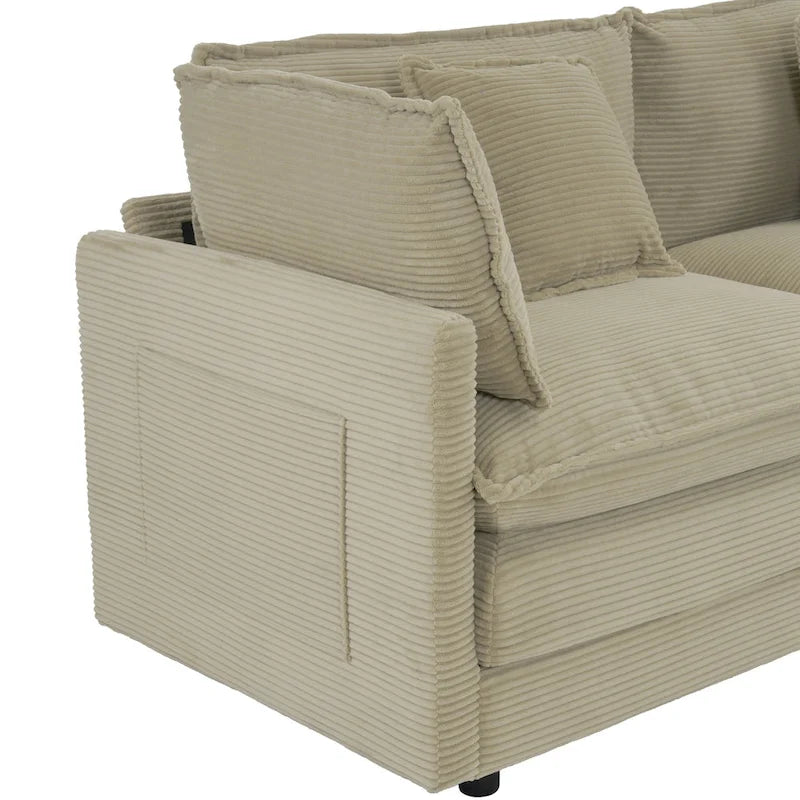 Canapé d'angle modulaire en velours côtelé de 286 cm avec poches de rangement latérales