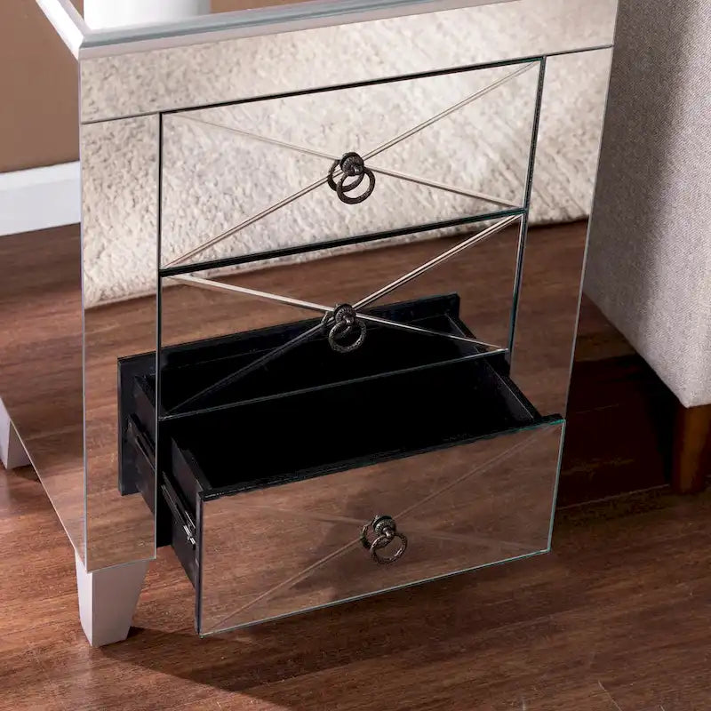 Table d'appoint miroir Churchill moderne du milieu du siècle avec rangement