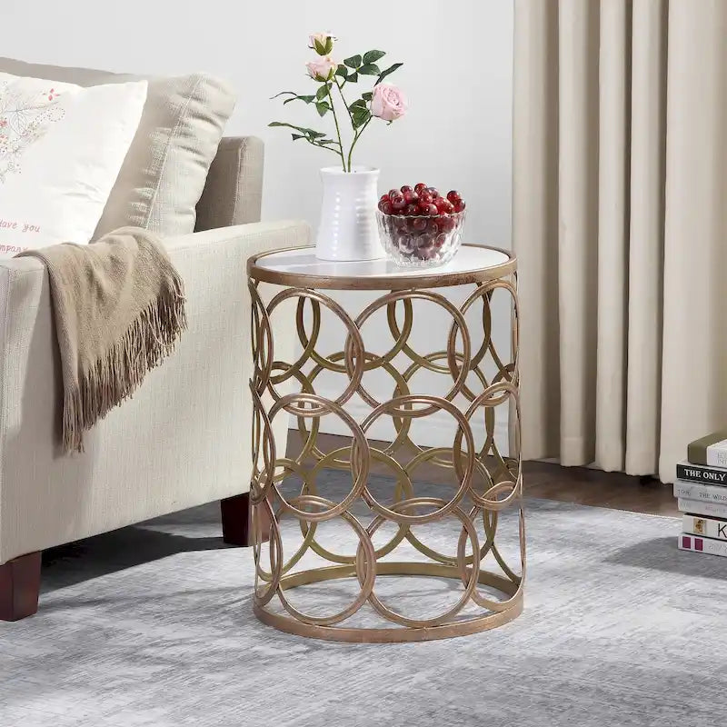 Table Cercles Dorés, Fer, 42,5 x 42,5 x 56 cm, Conception Américaine