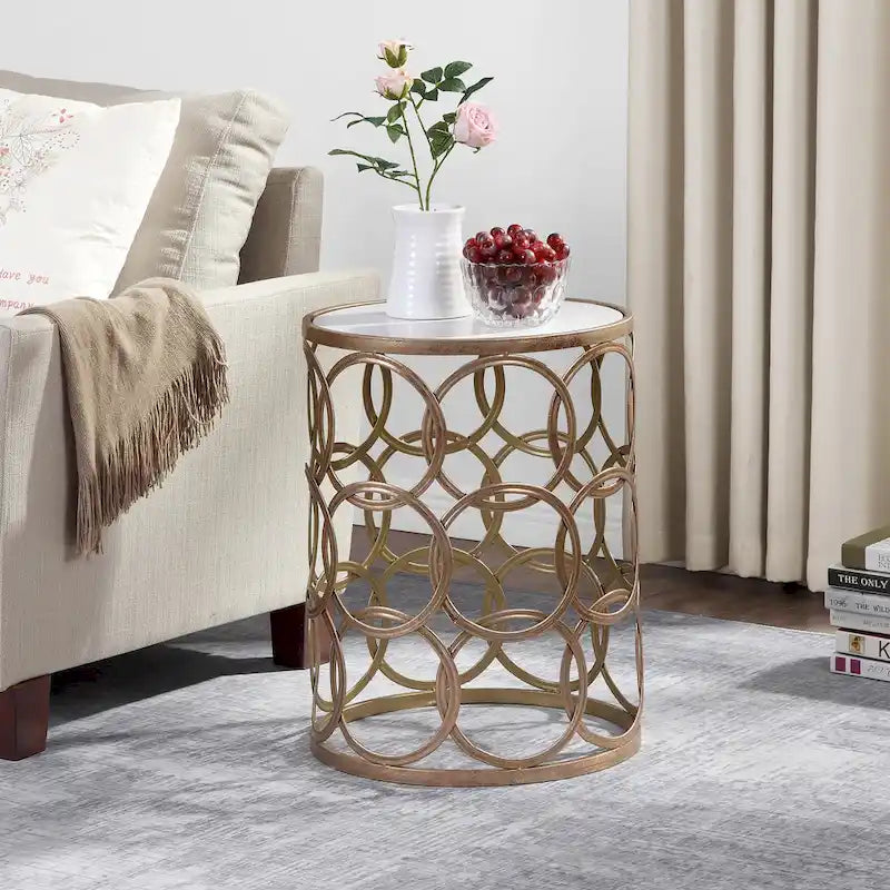Table Cercles Dorés, Fer, 42,5 x 42,5 x 56 cm, Conception Américaine