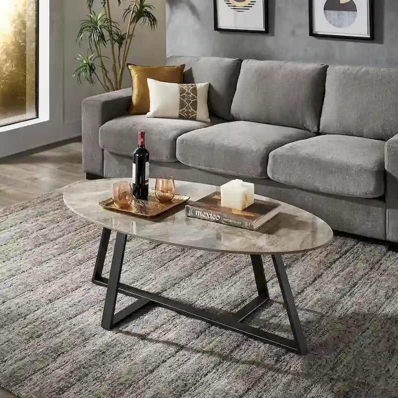 Tables Jurmala en pierre frittée brillante avec piètement en métal gris