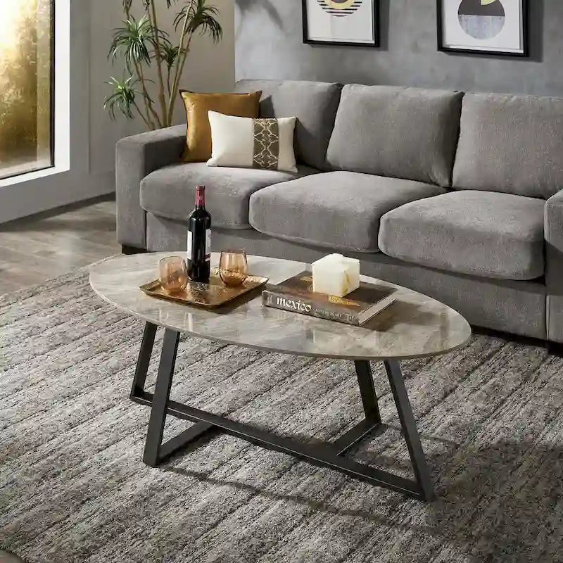Tables Jurmala en pierre frittée brillante avec piètement en métal gris