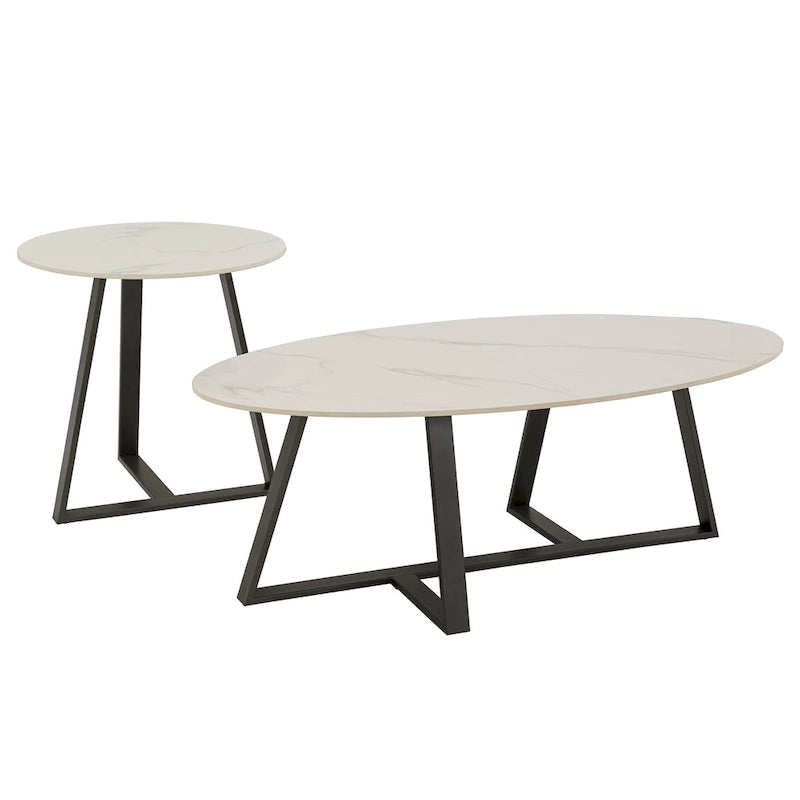 Tables Jurmala en pierre frittée brillante avec piètement en métal gris