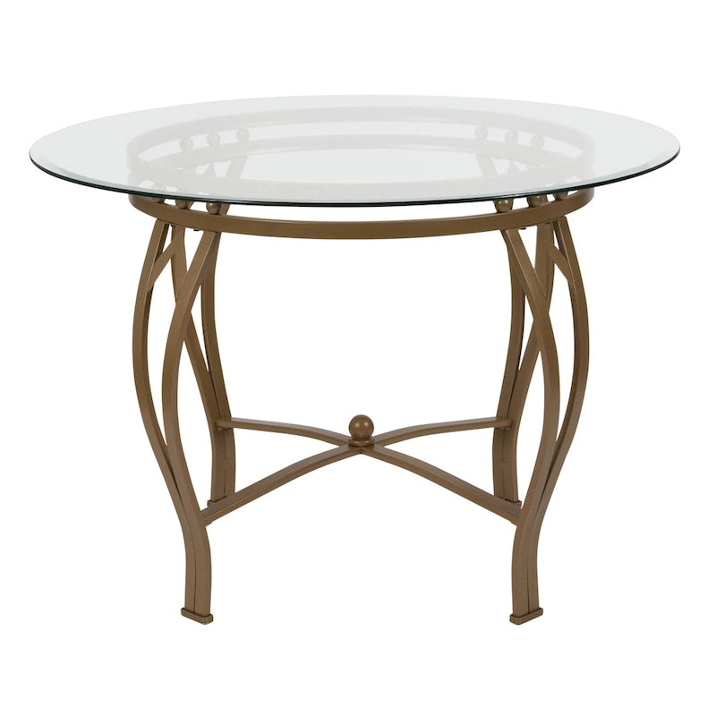 Table à manger ronde Syracuse 42 en verre avec piètement métallique incurvé