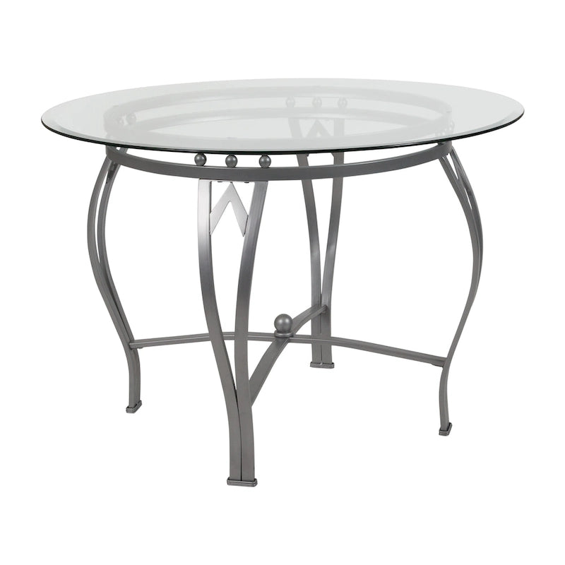Table à manger ronde Syracuse 42 en verre avec piètement métallique incurvé