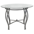 Table à manger ronde Syracuse 42 en verre avec piètement métallique incurvé