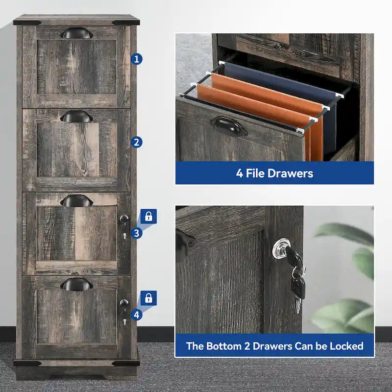 Meuble de classement vertical rustique en bois à 4 tiroirs avec armoire de rangement verrouillable