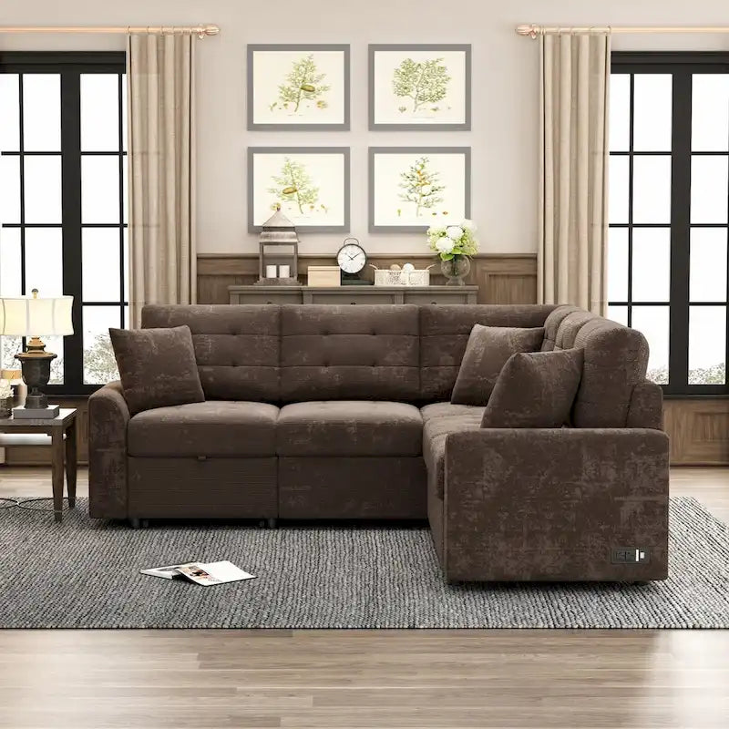 Canapé-lit d'angle escamotable avec roulettes, ports USB et prises de courant