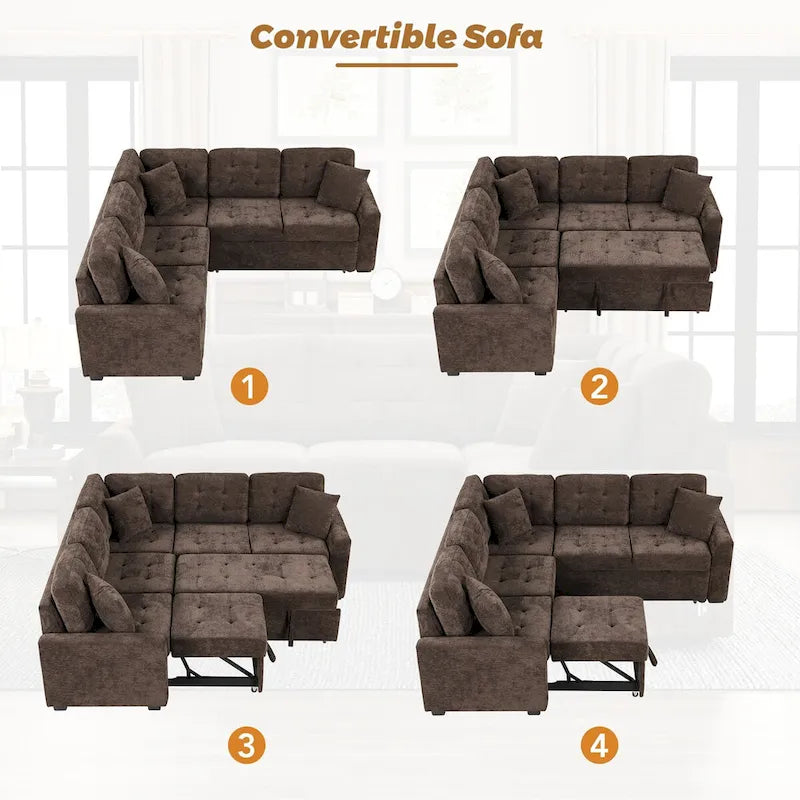 Canapé-lit d'angle escamotable avec roulettes, ports USB et prises de courant