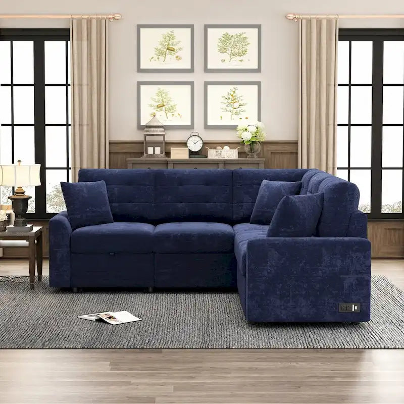 Canapé-lit d'angle escamotable avec roulettes, ports USB et prises de courant