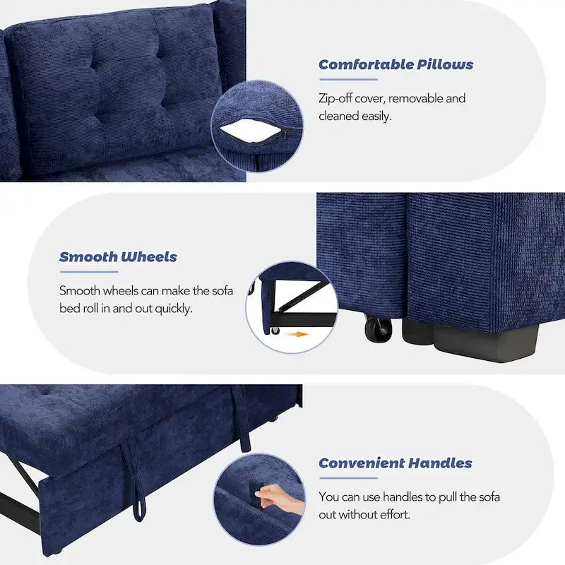 Canapé-lit d'angle escamotable avec roulettes, ports USB et prises de courant
