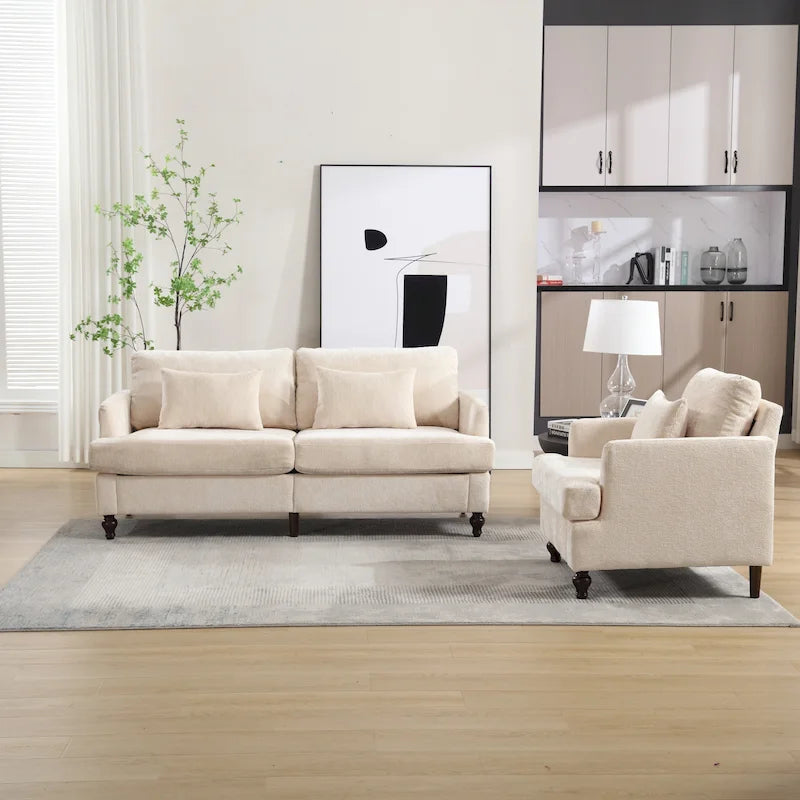Causeuse à cadre en bois et rembourrage en chenille avec fauteuil pour salon