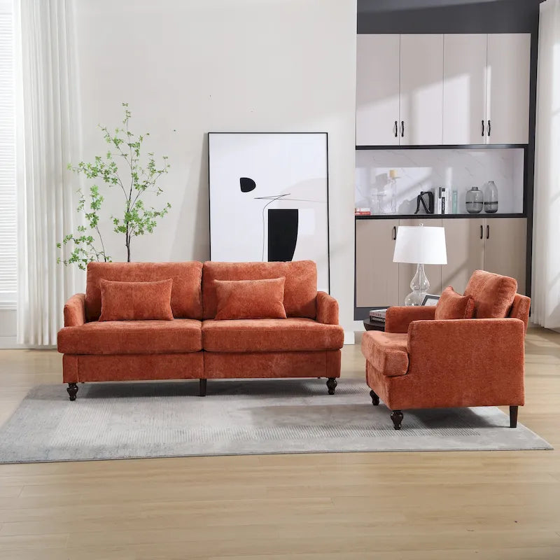Causeuse à cadre en bois et rembourrage en chenille avec fauteuil pour salon