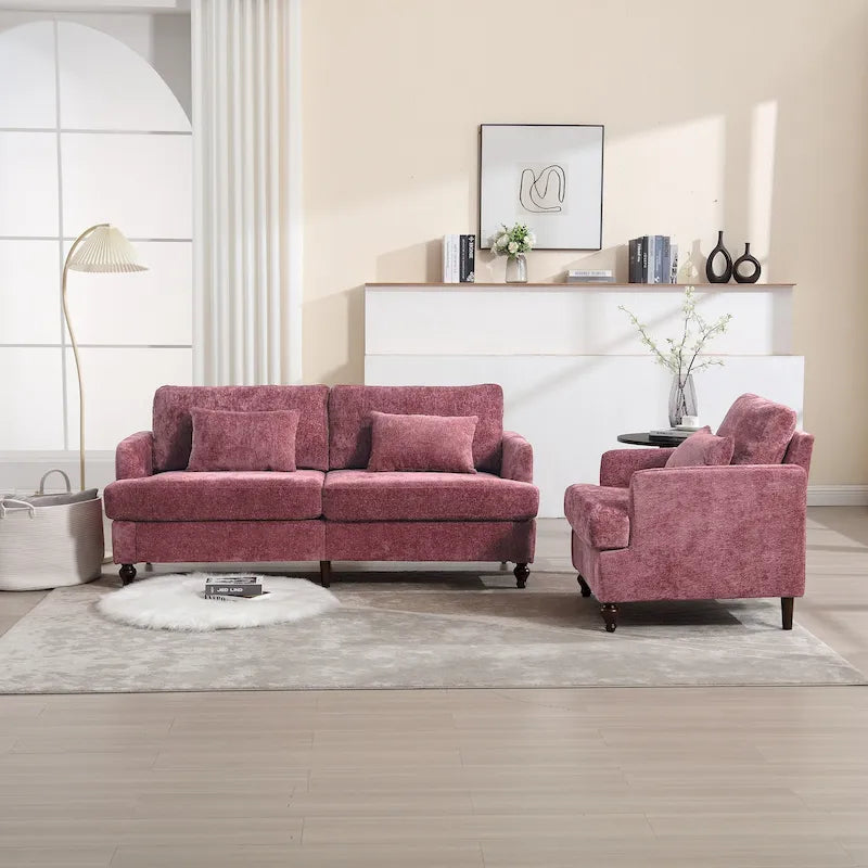 Causeuse à cadre en bois et rembourrage en chenille avec fauteuil pour salon