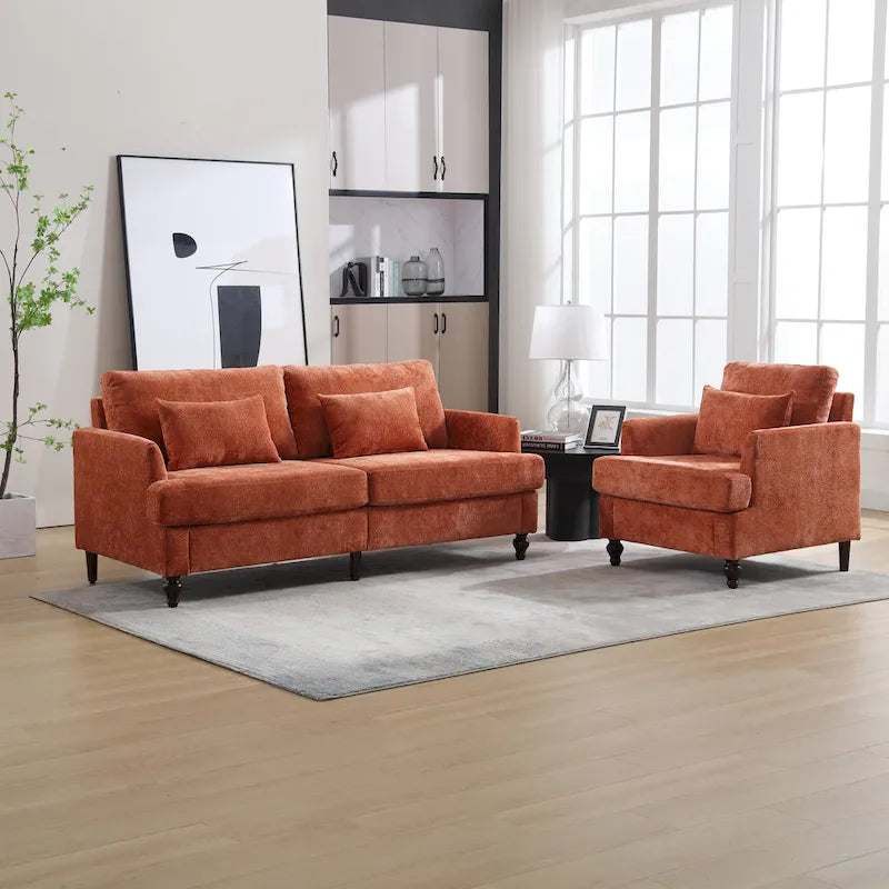 Causeuse à cadre en bois et rembourrage en chenille avec fauteuil pour salon