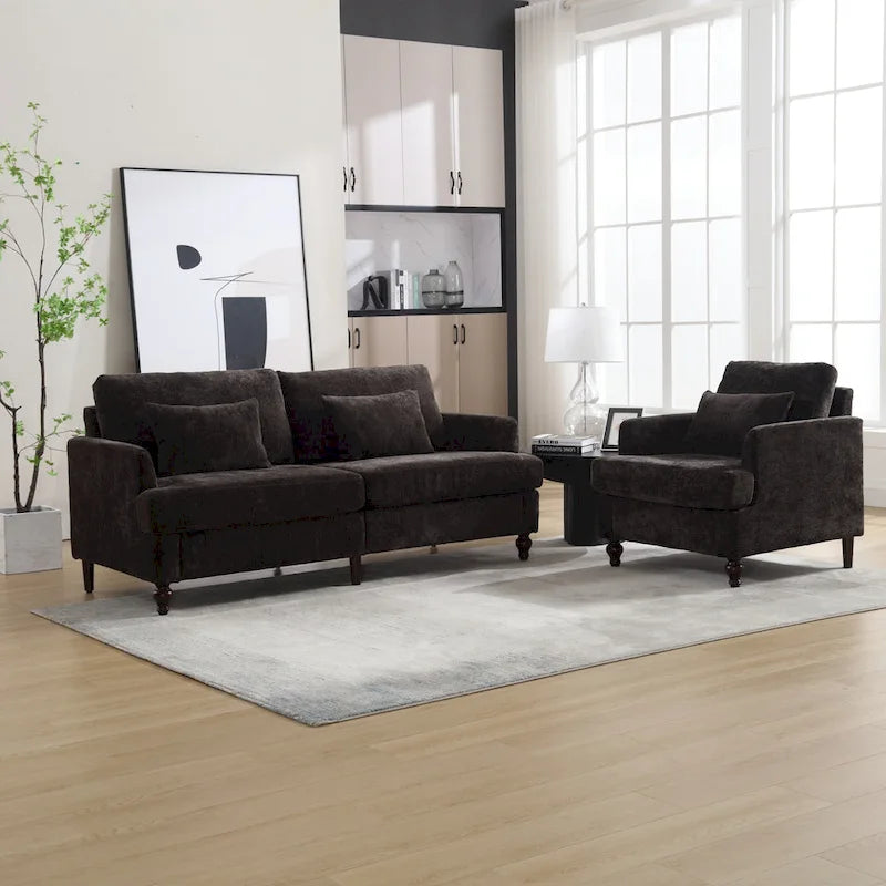 Causeuse à cadre en bois et rembourrage en chenille avec fauteuil pour salon