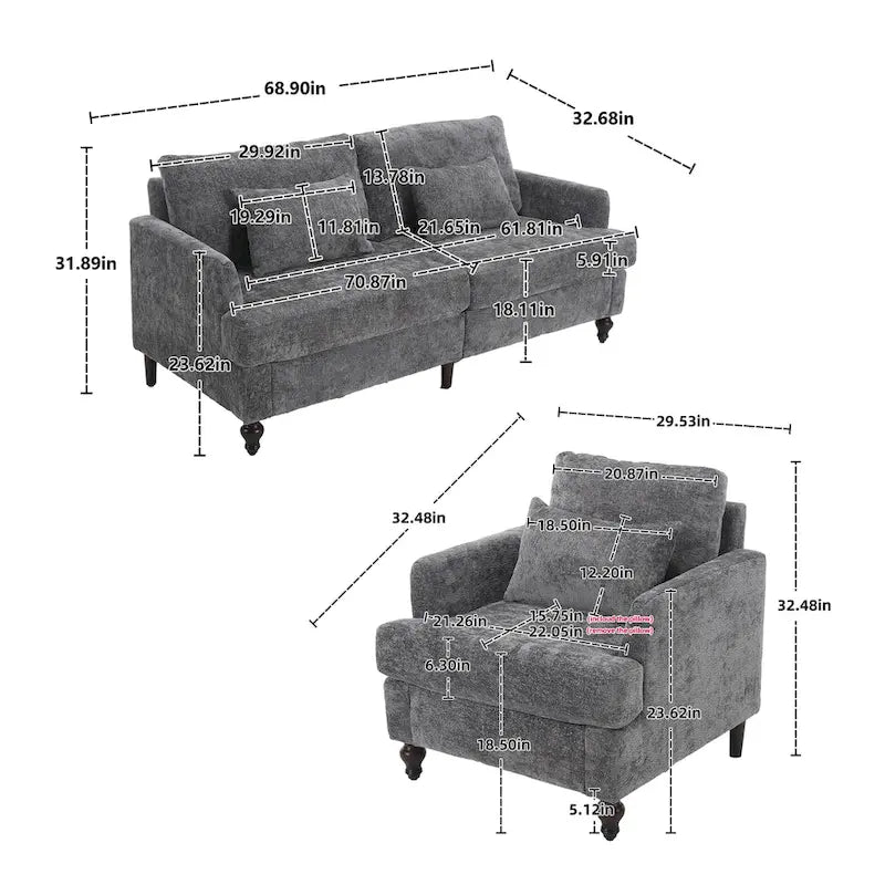 Causeuse à cadre en bois et rembourrage en chenille avec fauteuil pour salon