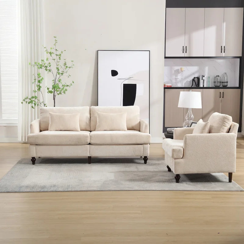 Causeuse à cadre en bois et rembourrage en chenille avec fauteuil pour salon