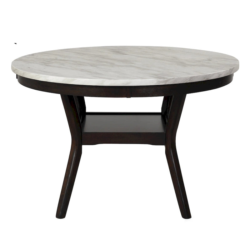 Table de salle à manger ronde de 120 cm avec plateau en imitation marbre, blanc et marron