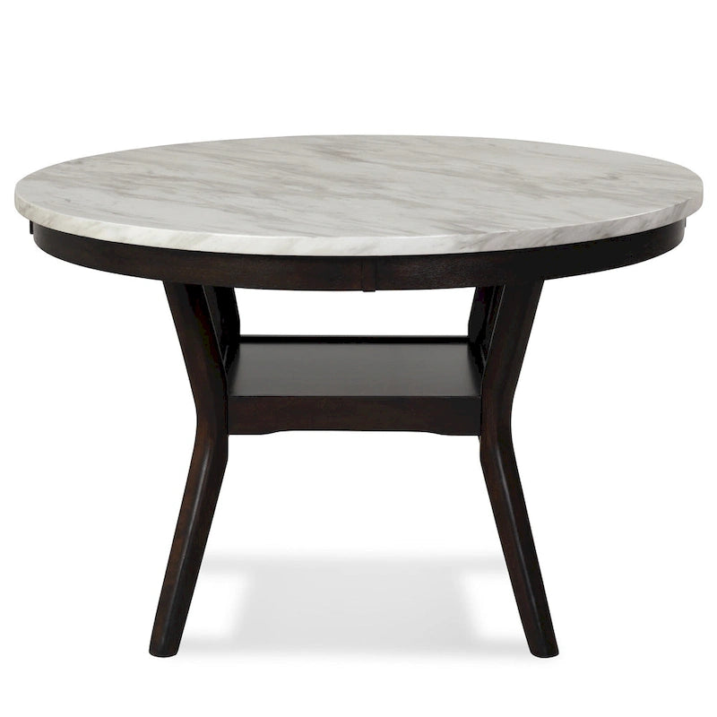Table de salle à manger ronde de 120 cm avec plateau en imitation marbre, blanc et marron