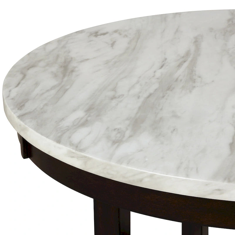 Table de salle à manger ronde de 120 cm avec plateau en imitation marbre, blanc et marron