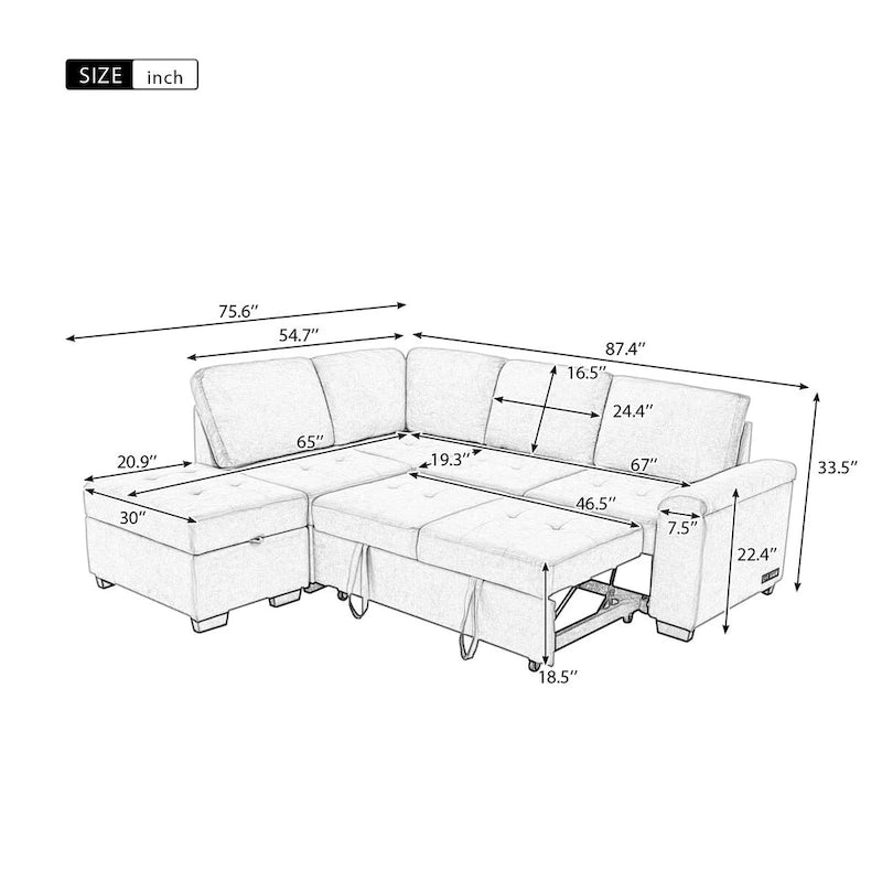 Canapé-lit d'angle escamotable avec roulettes, ports USB et prises de courant, canapé convertible fonctionnel pour le confort du salon