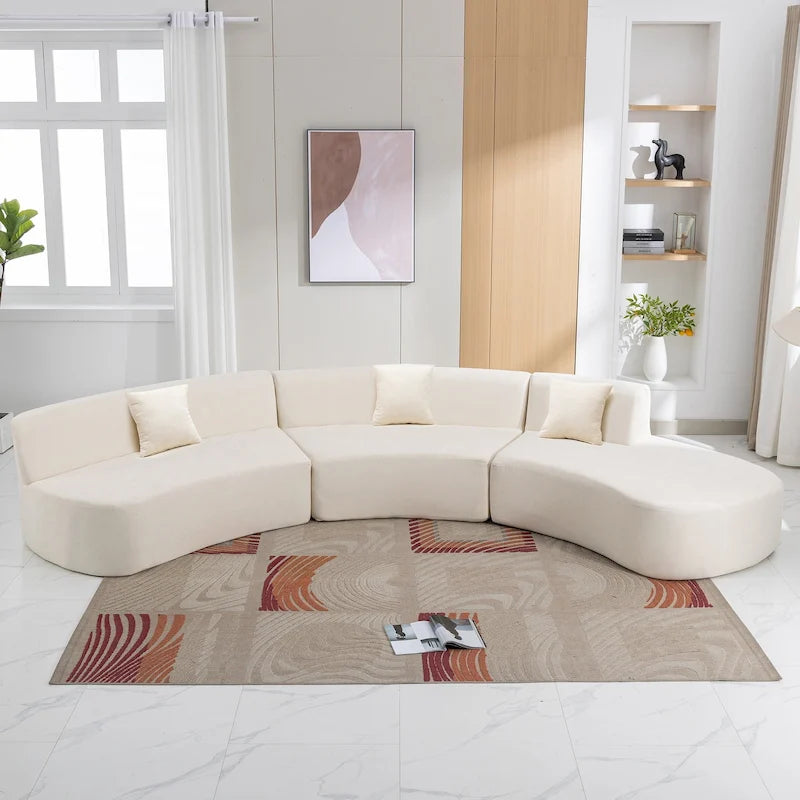 Canapé d'angle incurvé élégant de 136 po en tissu chenille avec trois coussins pour le salon,