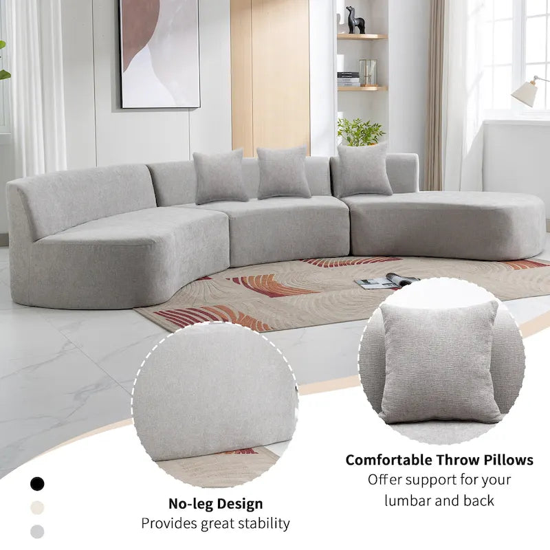 Canapé d'angle incurvé élégant de 136 po en tissu chenille avec trois coussins pour le salon,