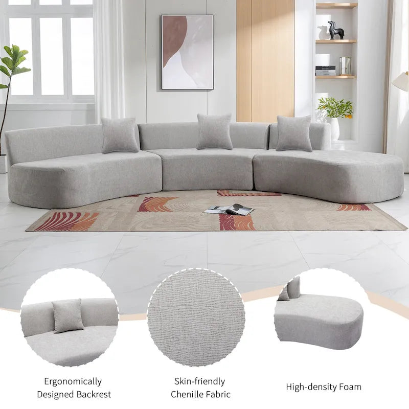 Canapé d'angle incurvé élégant de 136 po en tissu chenille avec trois coussins pour le salon,