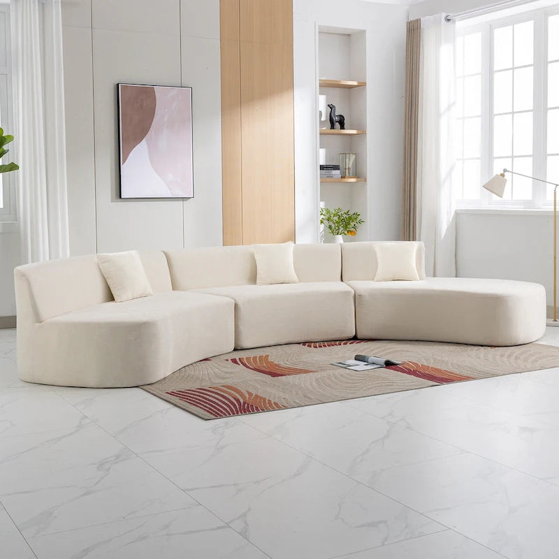 Canapé d'angle incurvé élégant de 136 po en tissu chenille avec trois coussins pour le salon,